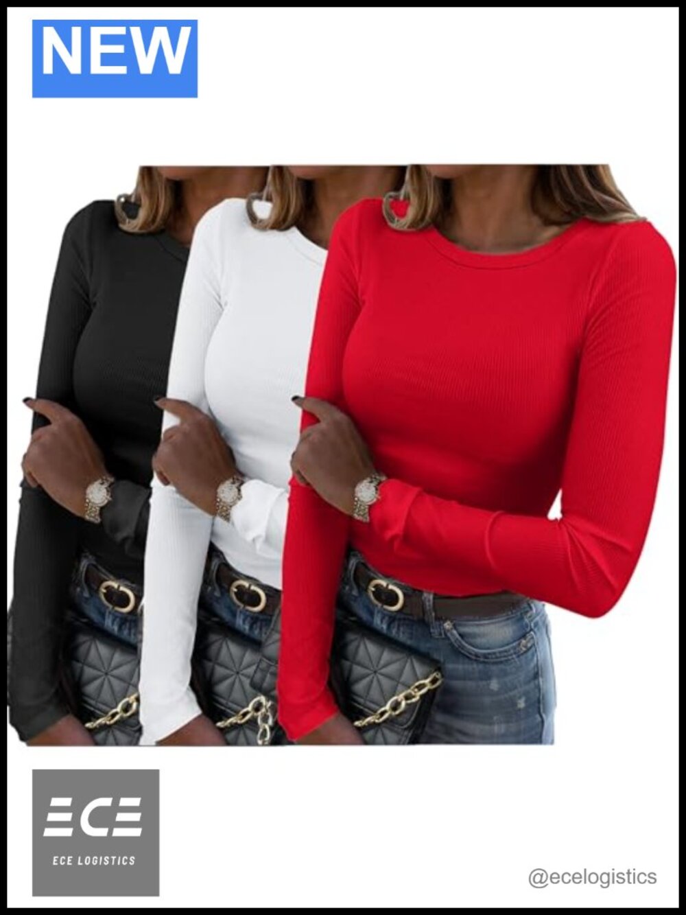 Women Ribbed Long Sleeve Crewneck Slim Fit T-Shirt
